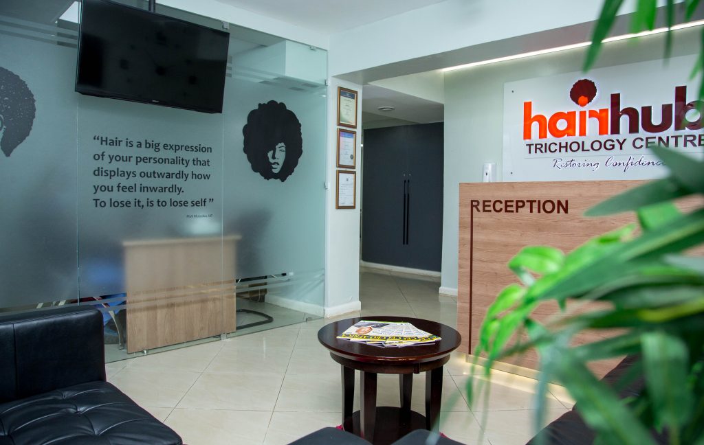 The quote on the wall of Hairhub Trichology Centre reception: Hair is a big expression of your personality that displays outwardly how you feel inwardly. To lose it is to lose self. Muli Musyoka
